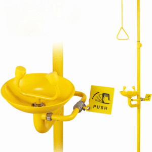 Emergency Shower and Eye Wash Station – Combination unit with shower, NPT thread, emergency sign, made from 304 stainless steel with yellow coating